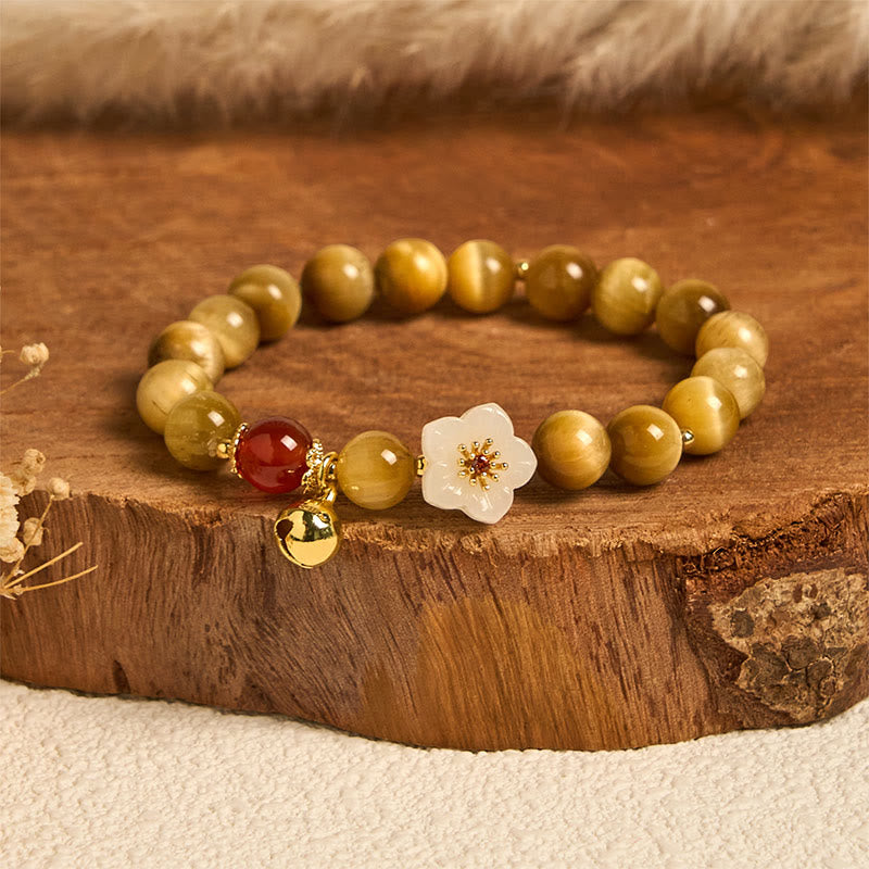 Buddha Stones Natuurlijke gouden tijgeroog klokbloem Armband - Tijgeroog en witte bloem (Polsomtrek: 14-16 cm) - image 0