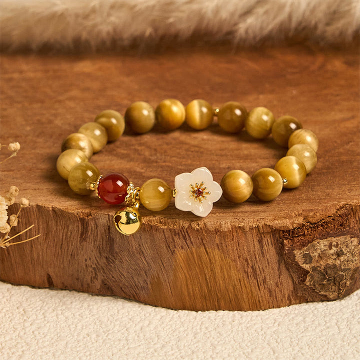 Buddha Stones Natuurlijke gouden tijgeroog klokbloem Armband - Tijgeroog en witte bloem (Polsomtrek: 14-16 cm) - image 0
