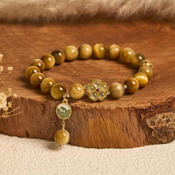 Buddha Stones Natuurlijke gouden tijgeroog klokbloem Armband - Tijgeroog en groene bloem (Polsomtrek: 14-16 cm) - image 5