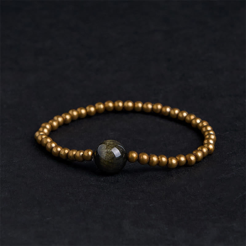 Buddha Stones Verguld koperen messing armband met goudkleurige obsidiaan, Armband voor rijkdom. - Koper, messing en obsidiaan met goudkleurige glans (Polsomtrek: 14-16 cm) - image 0