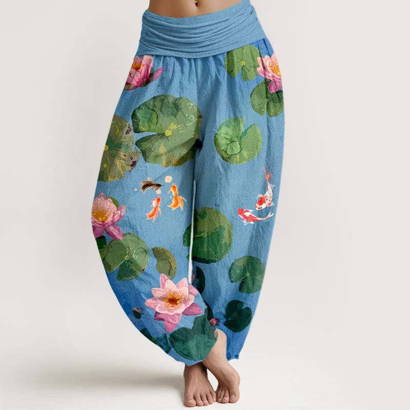 Buddha Stones Harembroek voor dames van 100% Cotton met print van koivissen en lotusbloemen, elastische Taille . - Korenbloemblauw - US16, UK/AU20, EU48 (3XL) - image 0