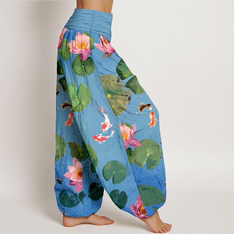 Buddha Stones Harembroek voor dames van 100% Cotton met print van koivissen en lotusbloemen, elastische Taille . - image 1