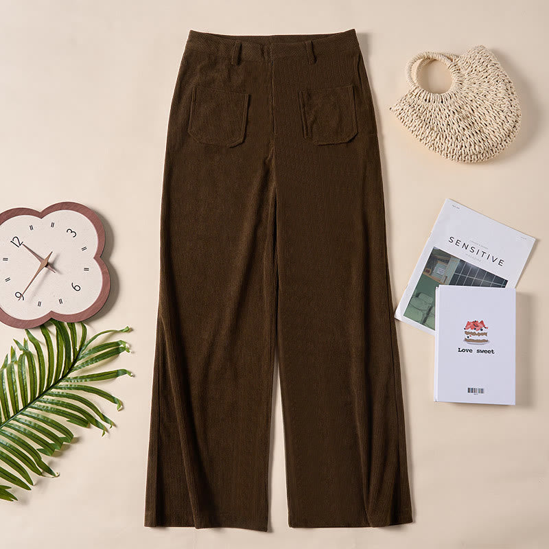 Buddha Stones Effen corduroy polyester damesbroek met wijde pijpen, knoopsluiting en Zakken. - image 1
