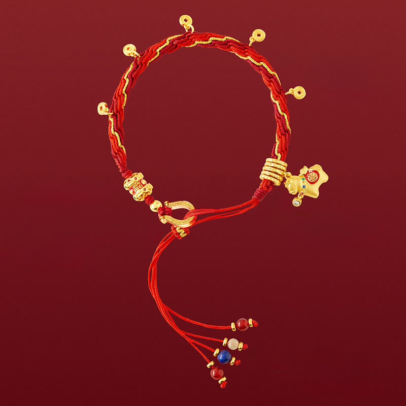 Buddha Stones Kopergeplateerde 18-karaats gouden Armband met het Jaar van het Paard (Fu-teken) en een rood koordje dat geluk symboliseert. - image 1