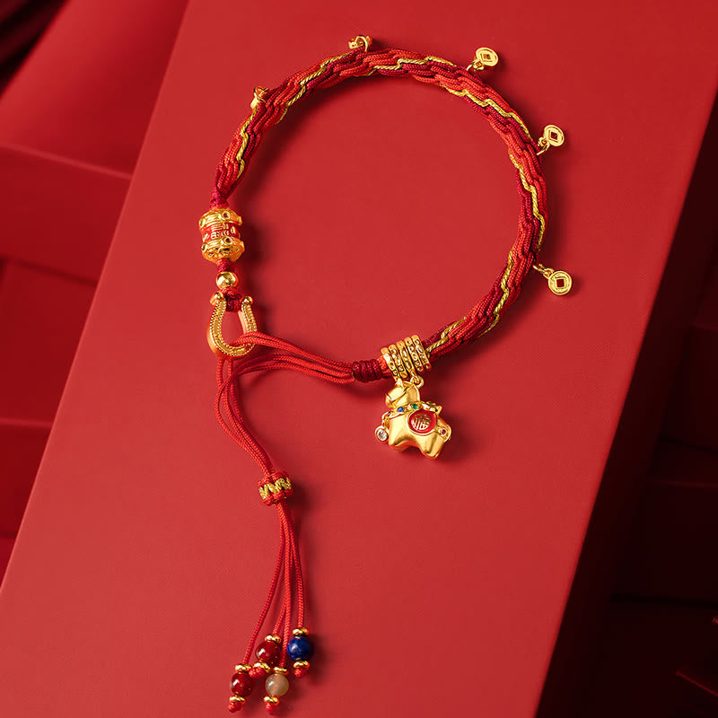 Buddha Stones Kopergeplateerde 18-karaats gouden Armband met het Jaar van het Paard (Fu-teken) en een rood koordje dat geluk symboliseert. - Paard & Rood Touw (Polsomtrek 15-22 cm) - image 0