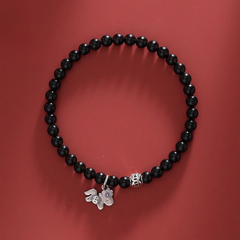 Buddha Stones Jaar van het Paard 925 Sterling Zilveren Armband met Natuurlijke Zwarte Obsidiaan ter Bevordering - Paard & 925 sterling zilver & zwarte obsidiaan (Polsomtrek 16-17 cm) - image 0