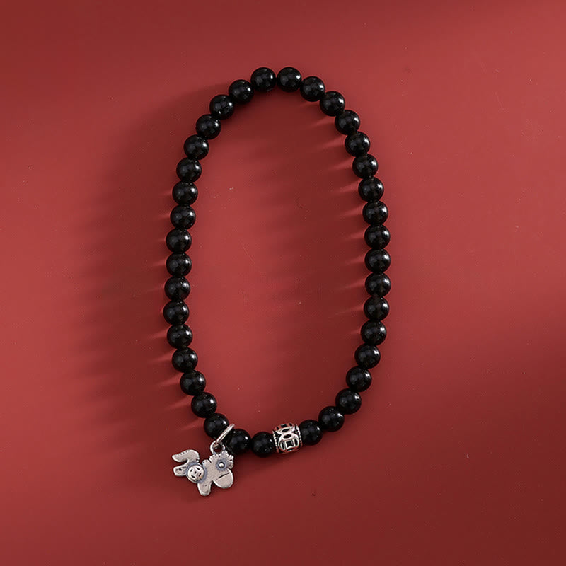 Buddha Stones Jaar van het Paard 925 Sterling Zilveren Armband met Natuurlijke Zwarte Obsidiaan ter Bevordering - image 1