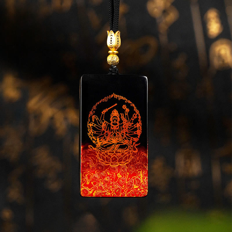 Buddha Stones Hanger met Chinese dierenriemteken, Boeddha Fu-figuur, lakwerk en sandelhoutmotief . - Rat-Duizendarmige Avalokitesvara - image 1