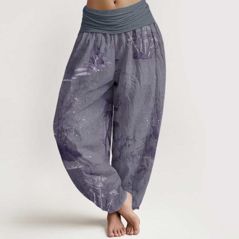 Buddha Stones Casual harembroek voor dames met elastische Taille , gemaakt van 100% Cotton met bamboe- en rotsinktschildering. - Leigrijs - US22, UK/AU26, EU54 (6XL) - image 0