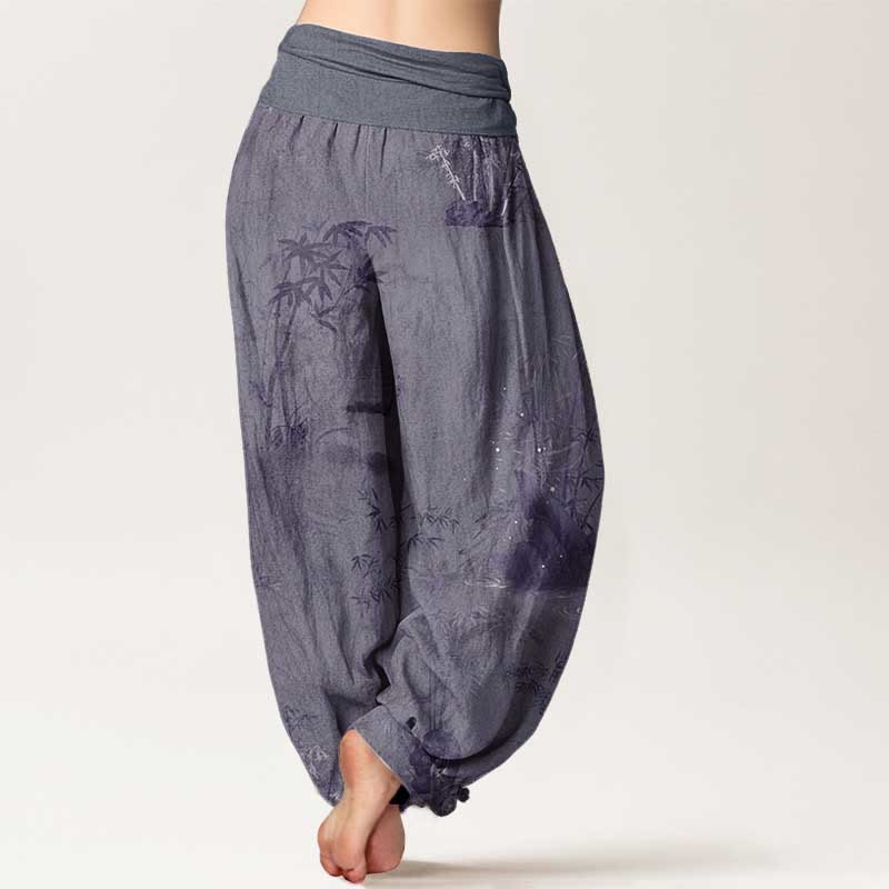 Buddha Stones Casual harembroek voor dames met elastische Taille , gemaakt van 100% Cotton met bamboe- en rotsinktschildering. - image 1