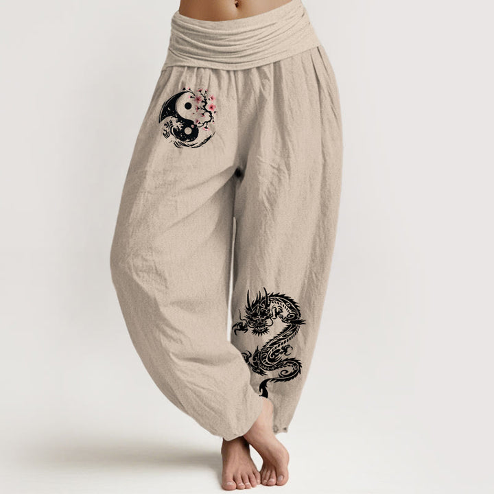Buddha Stones Harembroek voor dames met elastische Taille, draken-, yin-, yang- en golvenpatroon, van 100% Cotton. - Bruinen - US16, UK/AU20, EU48 (3XL) - image 11