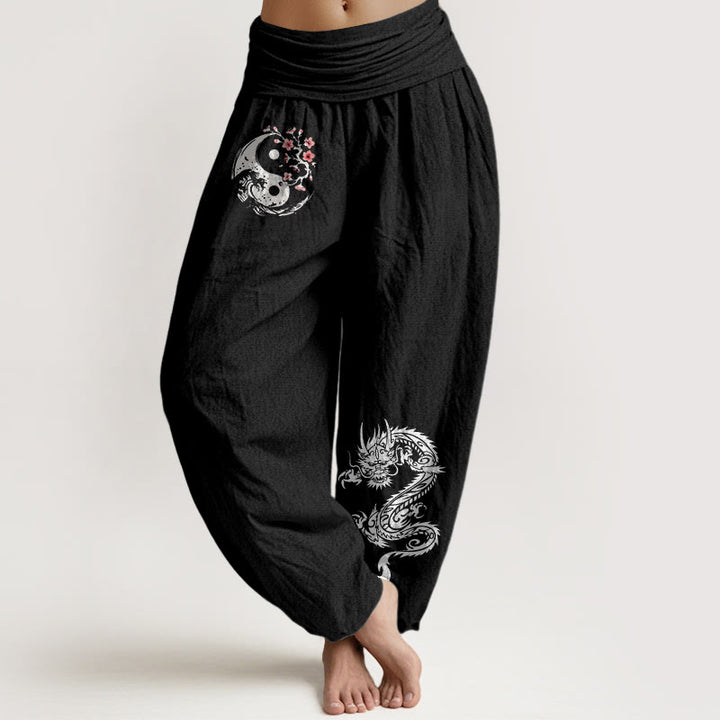 Buddha Stones Harembroek voor dames met elastische Taille, draken-, yin-, yang- en golvenpatroon, van 100% Cotton. - Zwart - US16, UK/AU20, EU48 (3XL) - image 0
