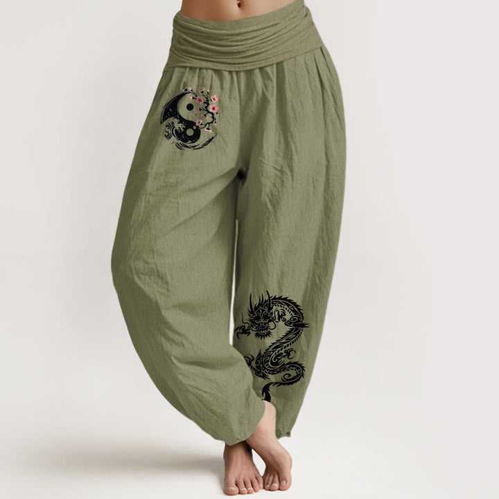 Buddha Stones Harembroek voor dames met elastische Taille, draken-, yin-, yang- en golvenpatroon, van 100% Cotton. - Olijfgroen - US16, UK/AU20, EU48 (3XL) - image 14