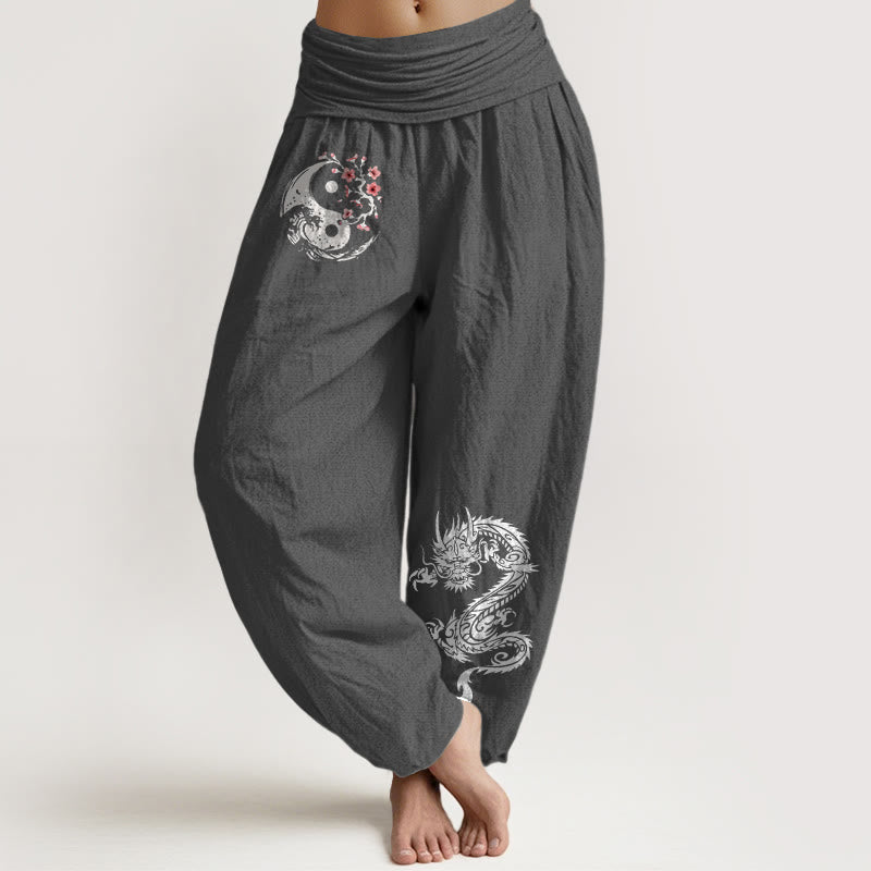 Buddha Stones Harembroek voor dames met elastische Taille, draken-, yin-, yang- en golvenpatroon, van 100% Cotton. - Donkergrijs - US16, UK/AU20, EU48 (3XL) - image 8