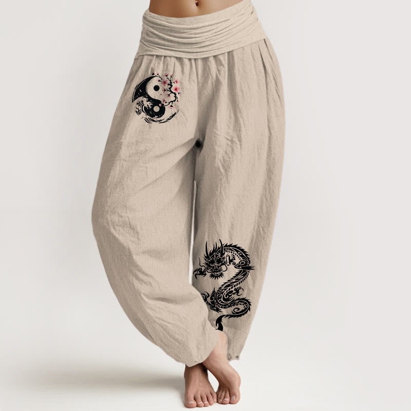 Buddha Stones Harembroek voor dames met elastische Taille, draken-, yin-, yang- en golvenpatroon, van 100% Cotton. - Bruinen - US16, UK/AU20, EU48 (3XL) - image 11