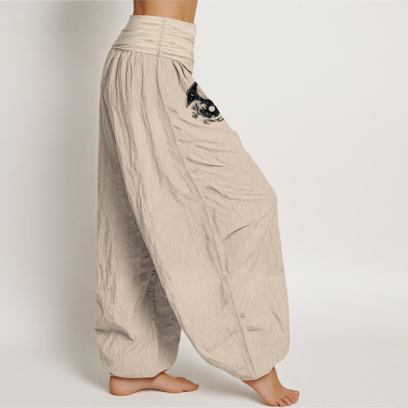 Buddha Stones Harembroek voor dames met elastische Taille, draken-, yin-, yang- en golvenpatroon, van 100% Cotton. - image 13