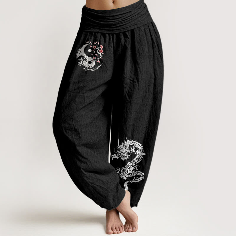 Buddha Stones Harembroek voor dames met elastische Taille, draken-, yin-, yang- en golvenpatroon, van 100% Cotton. - Zwart - US16, UK/AU20, EU48 (3XL) - image 0
