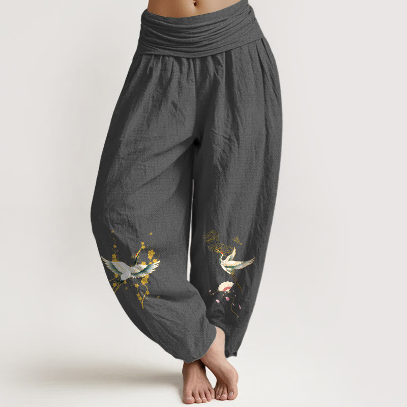 Buddha Stones Harembroek voor dames met elastische Taille, kraanvogelmotief, gelukbrengende wolken en bloemenpatroon , 100% Cotton. - Donkergrijs - US16, UK/AU20, EU48 (3XL) - image 0