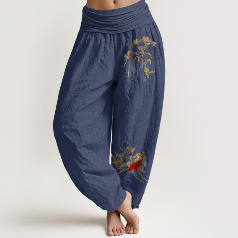 Buddha Stones Harembroek voor dames met elastische Taille en dennenboom- en koivispatroon van 100% Cotton - Donker leisteenblauw - US16, UK/AU20, EU48 (3XL) - image 5