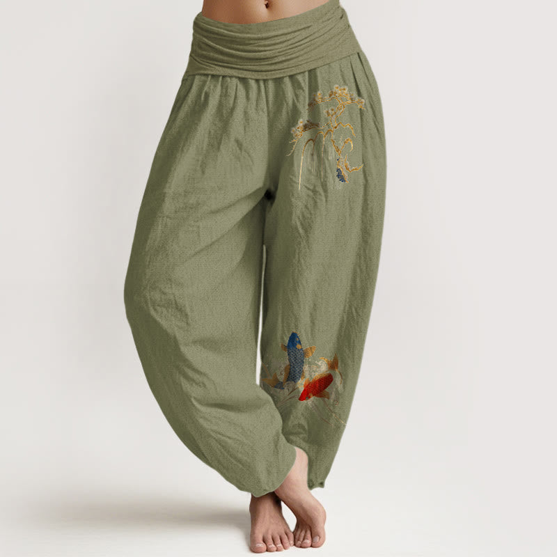 Buddha Stones Harembroek voor dames met elastische Taille en dennenboom- en koivispatroon van 100% Cotton - Olijfgroen - US16, UK/AU20, EU48 (3XL) - image 14