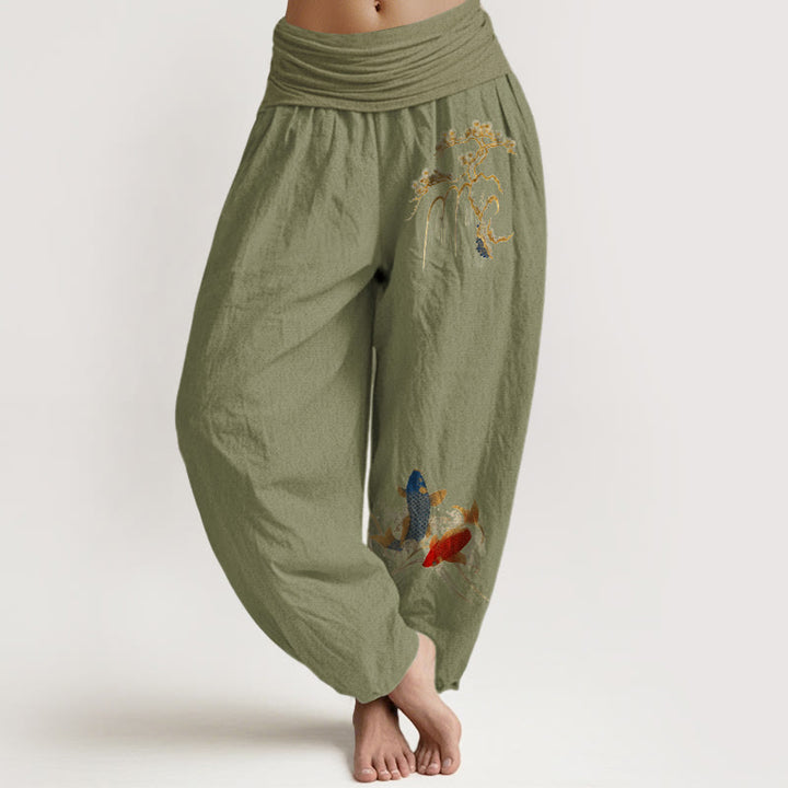 Buddha Stones Harembroek voor dames met elastische Taille en dennenboom- en koivispatroon van 100% Cotton - Olijfgroen - US16, UK/AU20, EU48 (3XL) - image 14