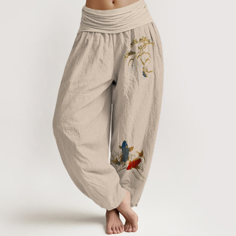 Buddha Stones Harembroek voor dames met elastische Taille en dennenboom- en koivispatroon van 100% Cotton - Bruinen - US16, UK/AU20, EU48 (3XL) - image 11