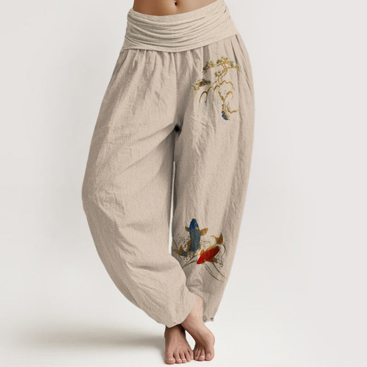 Buddha Stones Harembroek voor dames met elastische Taille en dennenboom- en koivispatroon van 100% Cotton - Bruinen - US16, UK/AU20, EU48 (3XL) - image 11