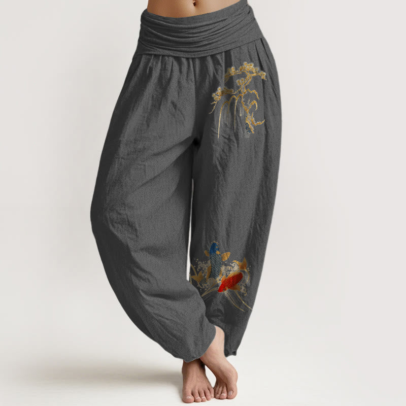 Buddha Stones Harembroek voor dames met elastische Taille en dennenboom- en koivispatroon van 100% Cotton - Donkergrijs - US16, UK/AU20, EU48 (3XL) - image 8