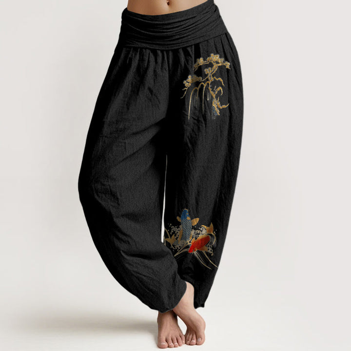 Buddha Stones Harembroek voor dames met elastische Taille en dennenboom- en koivispatroon van 100% Cotton - Zwart - US16, UK/AU20, EU48 (3XL) - image 0