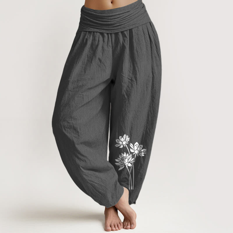 Buddha Stones Casual katoenen harembroek voor dames met elastische Taille en patroon van drie lotusbloemen - Donkergrijs - US16, UK/AU20, EU48 (3XL) - image 0