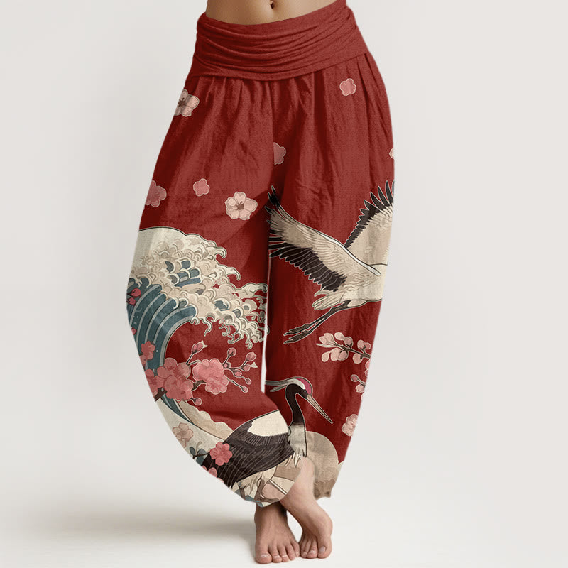 Buddha Stones Harembroek voor dames met elastische Taille , 100% Cotton met kraanvogels, perzikbloesems en een oceaanprint. - Donkerrood - US16, UK/AU20, EU48 (3XL) - image 0