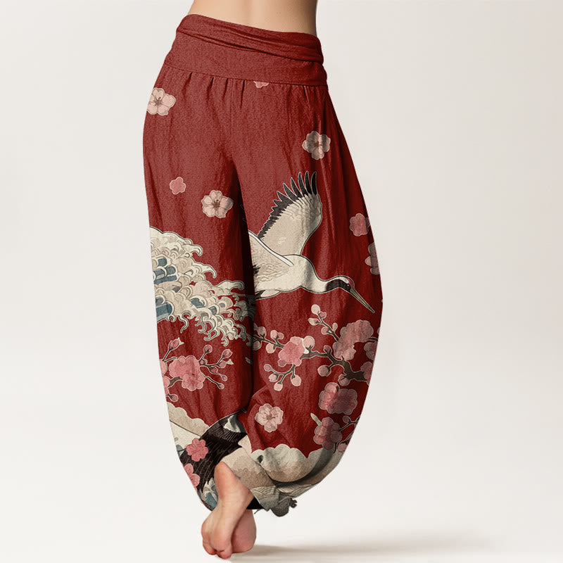 Buddha Stones Harembroek voor dames met elastische Taille , 100% Cotton met kraanvogels, perzikbloesems en een oceaanprint. - image 1