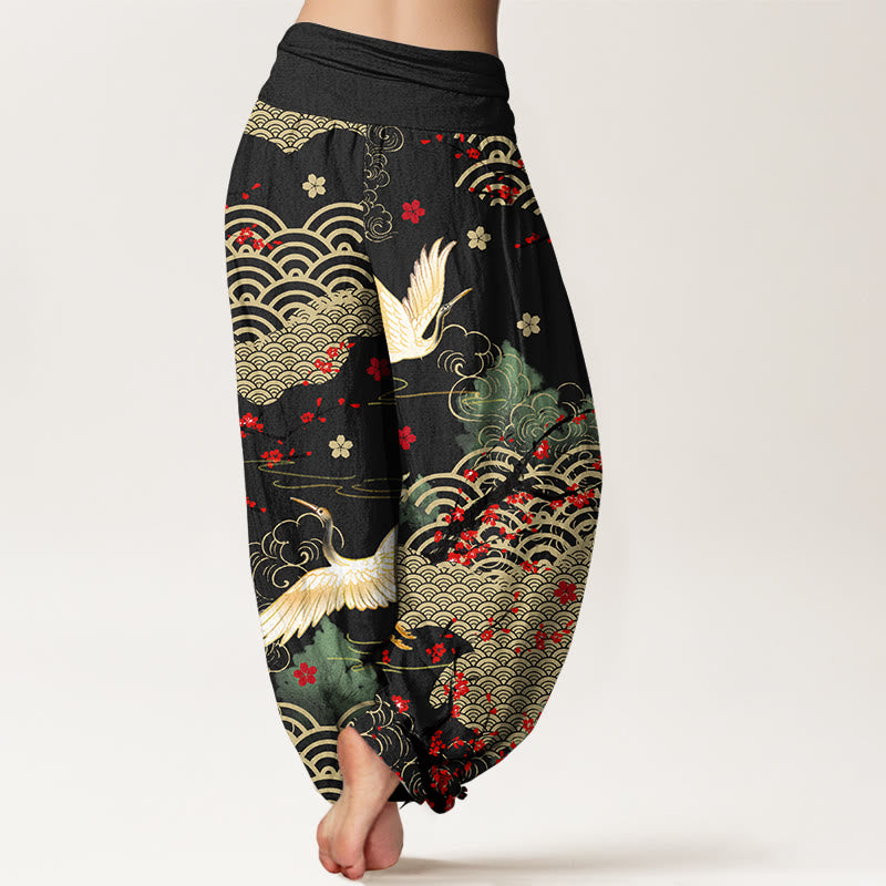 Buddha Stones Damesbroek van katoen met elastische Taille en print van kraanvogels, gelukbrengende wolken en bloemen. - image 1