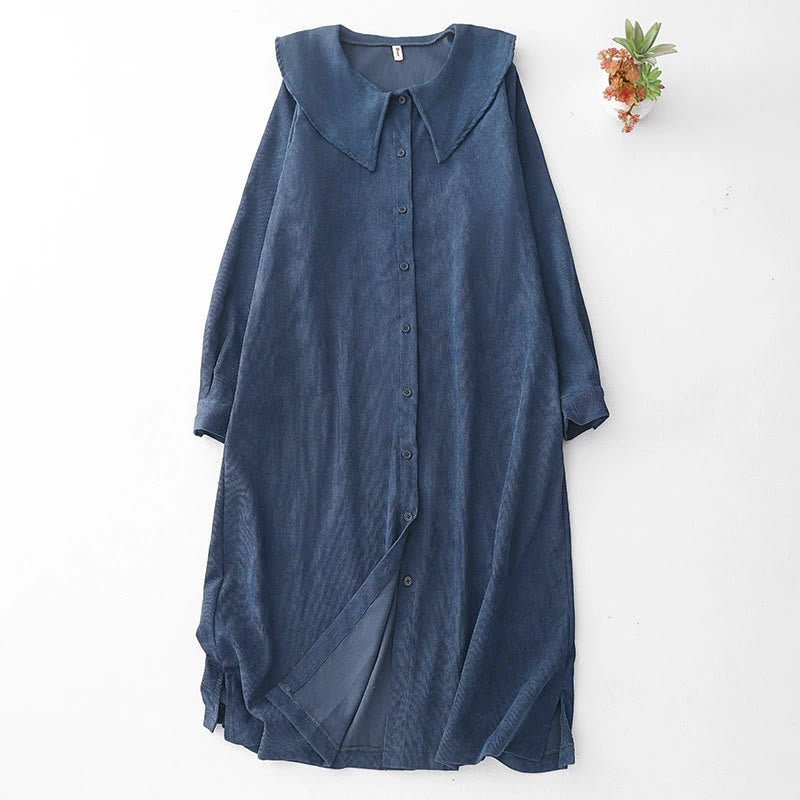 Buddha Stones Midi -jurk met Lange mouw, corduroy en zakken, effen design, lange mouwen en Zakken . - Donkerblauw - US8-10，UK/AU12-14，EU40-42 (2XL) - image 0