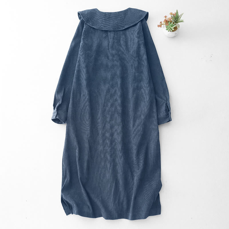 Buddha Stones Midi -jurk met Lange mouw, corduroy en zakken, effen design, lange mouwen en Zakken . - image 1