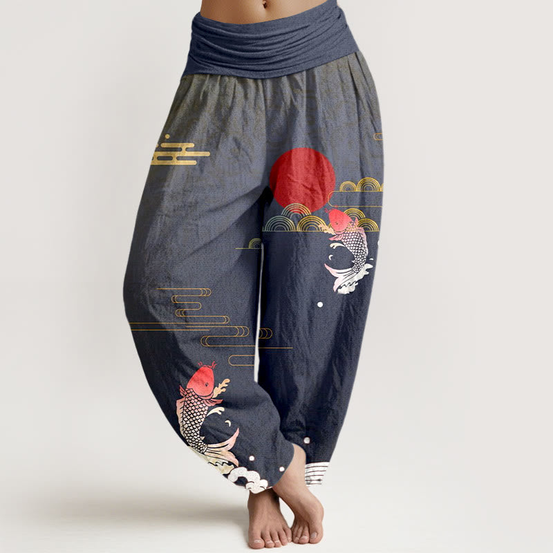 Buddha Stones Damesbroek van puur katoen met elastische Taille en patroon van 100% Cotton, rode zon, golven en wolken. - Licht leigrijs - US16, UK/AU20, EU48 (3XL) - image 0