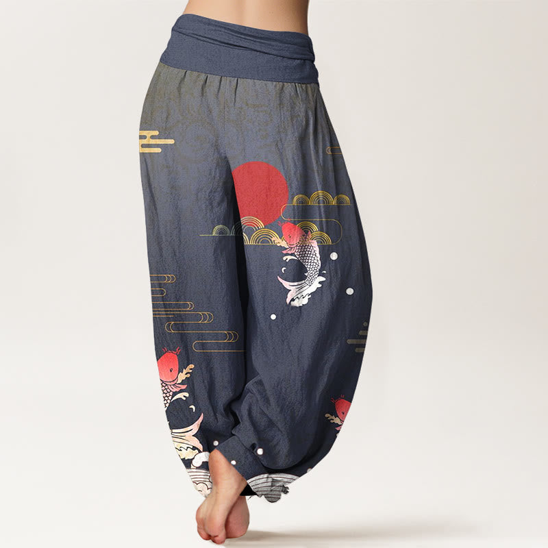 Buddha Stones Damesbroek van puur katoen met elastische Taille en patroon van 100% Cotton, rode zon, golven en wolken. - image 1