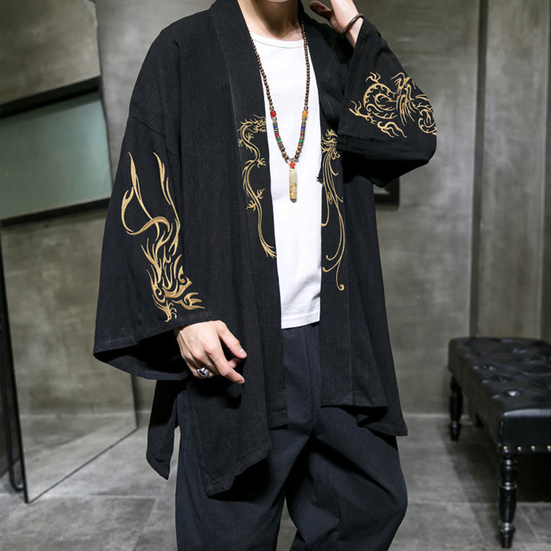 Buddha Stones Dragon Phoenix Open Front Lange mouw Jacket Men's Cotton Kimono - Zwart - US/UK/AU46, EU56 (5XL) - image 0