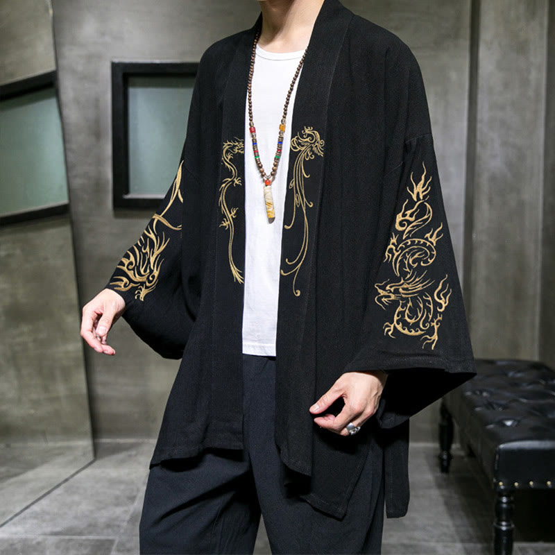 Buddha Stones Dragon Phoenix Open Front Lange mouw Jacket Men's Cotton Kimono - image 1
