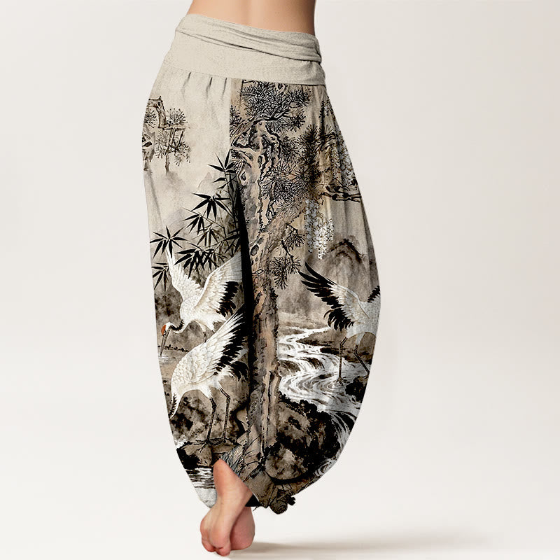 Buddha Stones Harembroek voor dames met elastische Taille , 100% Cotton met een patroon van een roodkroonkraanvogel. - image 1