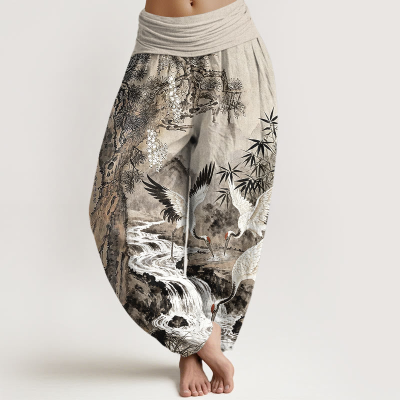 Buddha Stones Harembroek voor dames met elastische Taille , 100% Cotton met een patroon van een roodkroonkraanvogel. - Bruinen - US16, UK/AU20, EU48 (3XL) - image 0