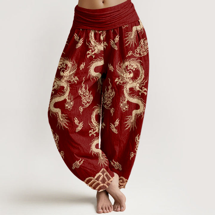 Buddha Stones Harembroek voor dames met elastische Taille en draken- en wolkenpatroon van 100% Cotton - Donkerrood - US16, UK/AU20, EU48 (3XL) - image 0