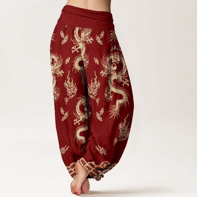 Buddha Stones Harembroek voor dames met elastische Taille en draken- en wolkenpatroon van 100% Cotton - image 1