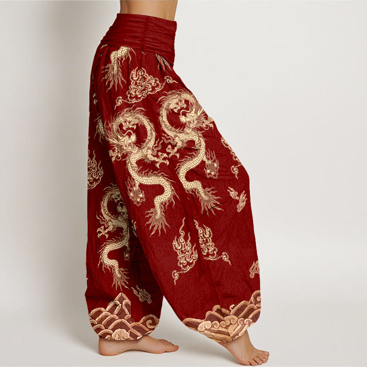 Buddha Stones Harembroek voor dames met elastische Taille en draken- en wolkenpatroon van 100% Cotton - image 2