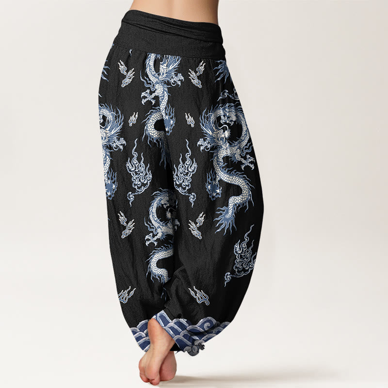 Buddha Stones Harembroek voor dames met elastische Taille en draken- en wolkenpatroon van 100% Cotton - image 6