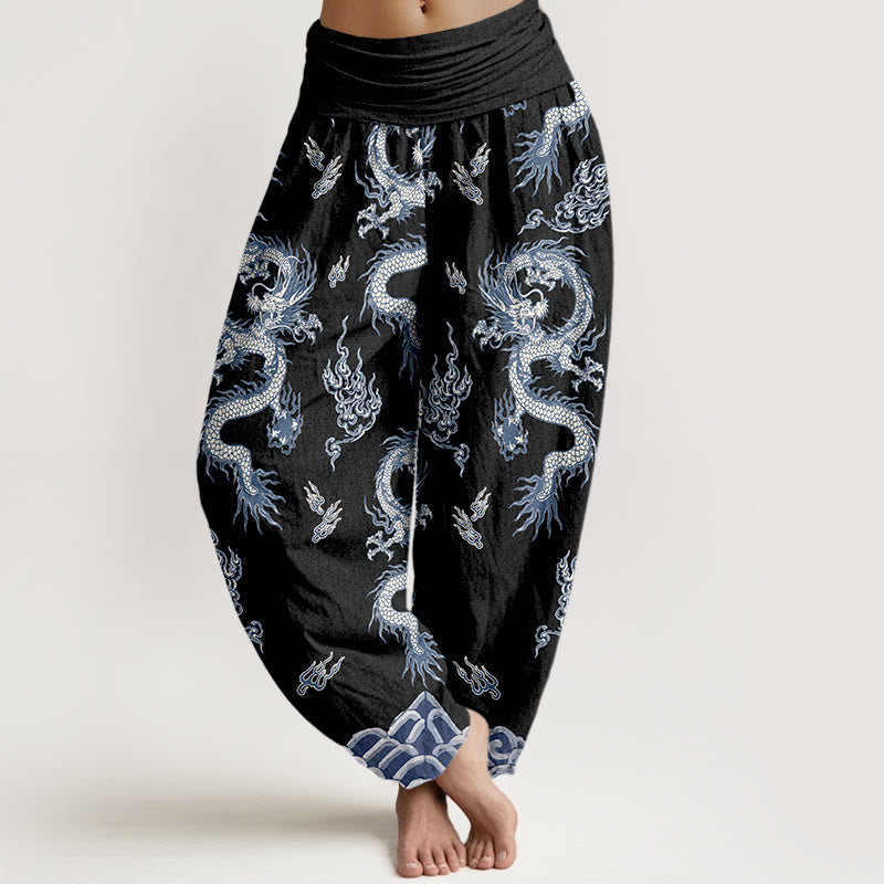 Buddha Stones Harembroek voor dames met elastische Taille en draken- en wolkenpatroon van 100% Cotton - Zwart - US16, UK/AU20, EU48 (3XL) - image 5