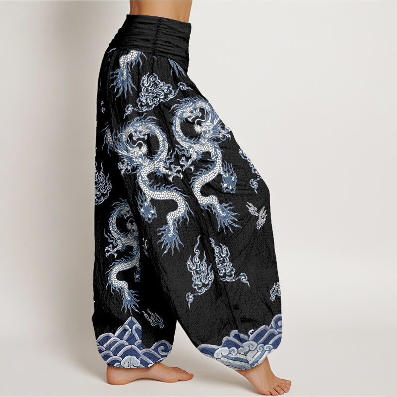 Buddha Stones Harembroek voor dames met elastische Taille en draken- en wolkenpatroon van 100% Cotton - image 7