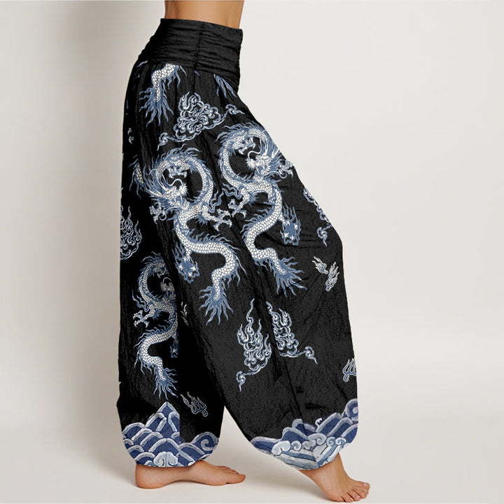Buddha Stones Harembroek voor dames met elastische Taille en draken- en wolkenpatroon van 100% Cotton - image 7