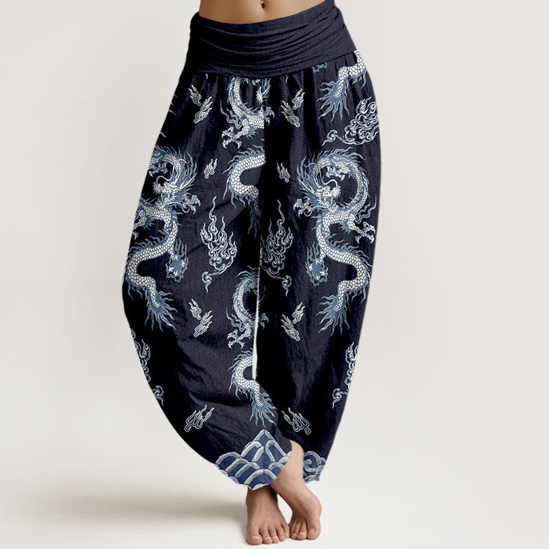 Buddha Stones Harembroek voor dames met elastische Taille en draken- en wolkenpatroon van 100% Cotton - Marine - US16, UK/AU20, EU48 (3XL) - image 8