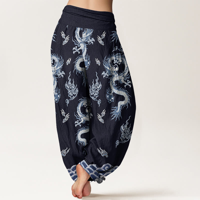 Buddha Stones Harembroek voor dames met elastische Taille en draken- en wolkenpatroon van 100% Cotton - image 9